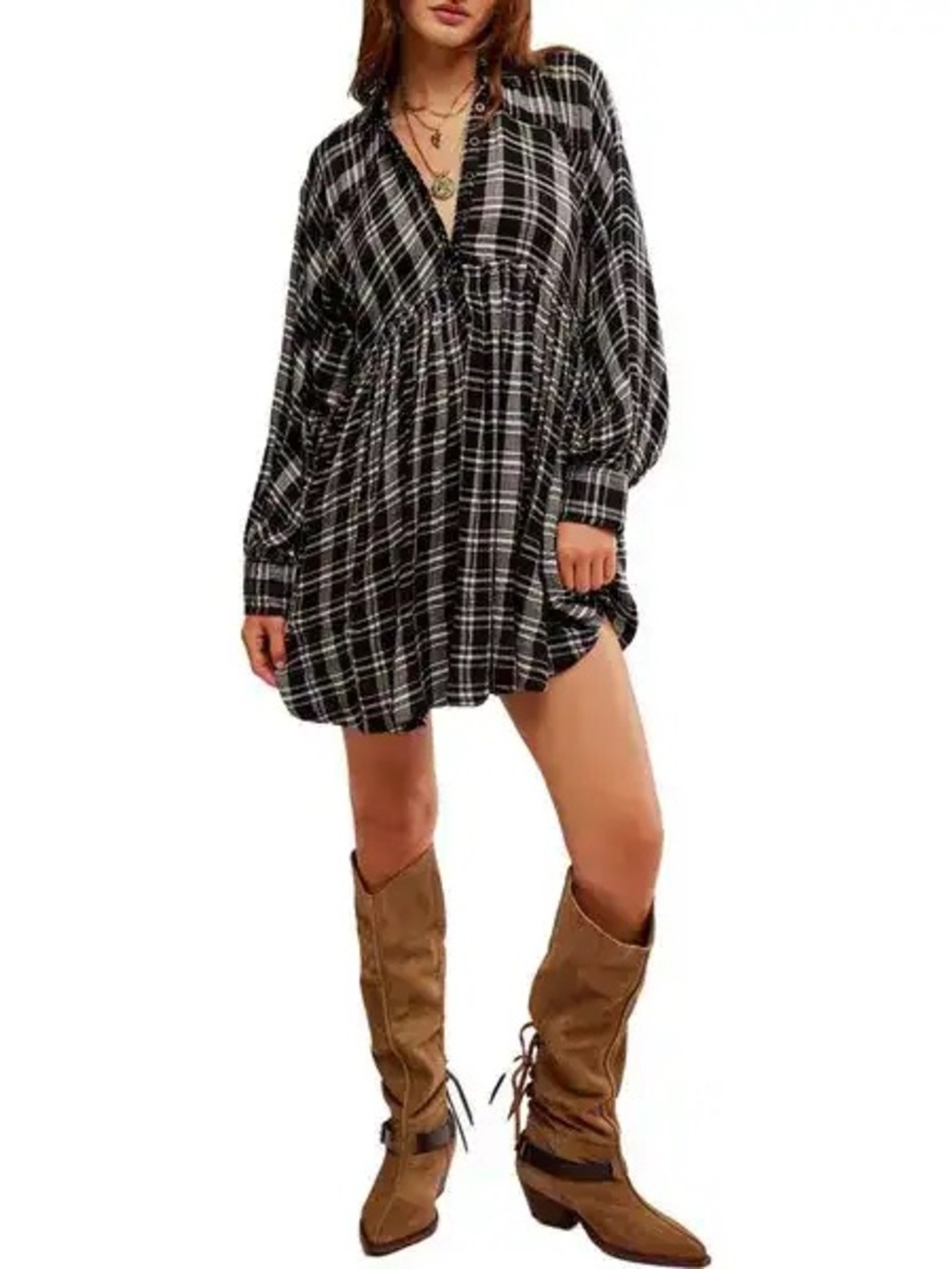 Free People Hoffman Plaid Long Sleeve Mini Button Front Collared Dress NWT LG - Picture 6 of 7